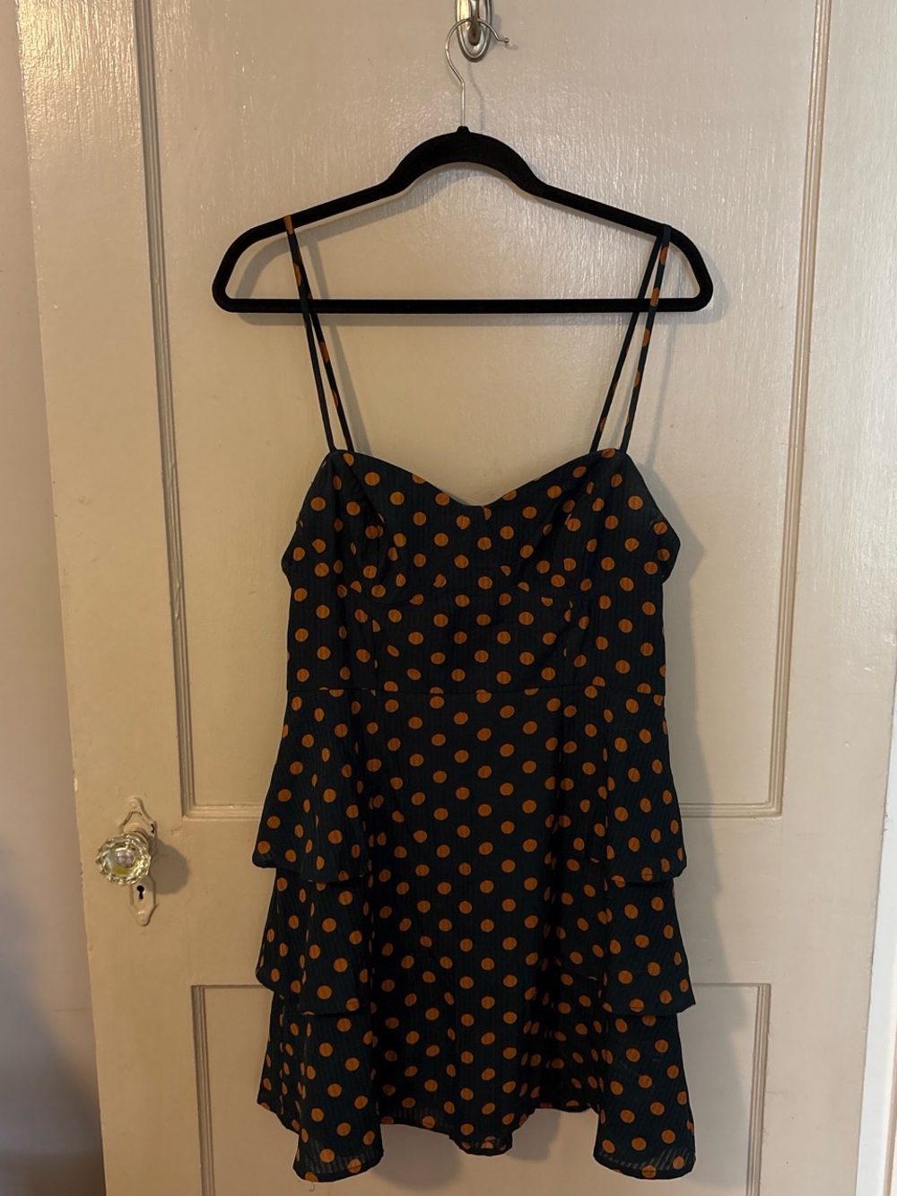 Tiered Black Mini Dress with Mustard Polka Dots